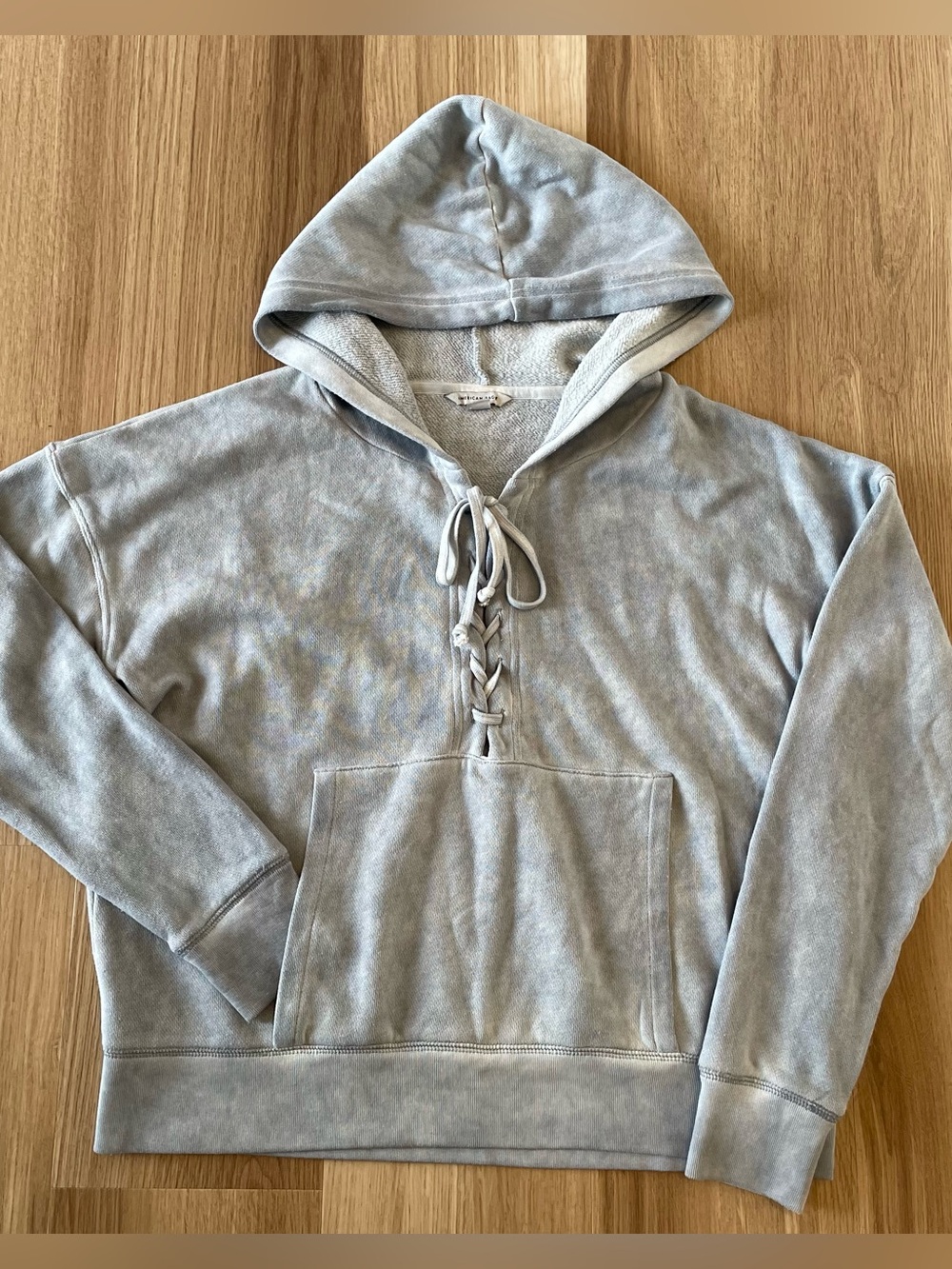 American Eagle Women’s Washed Out Blue Lace-Up Pullover Hoodie Small Grunge Surf